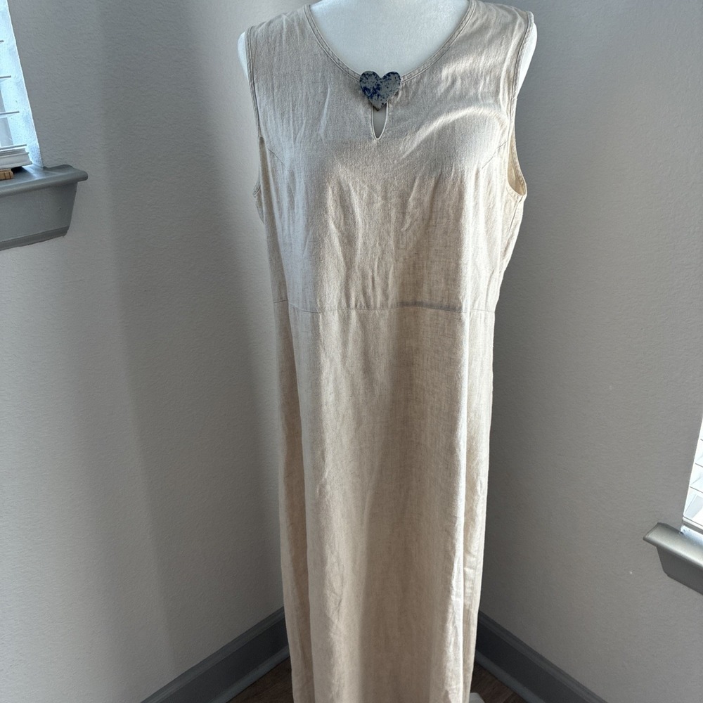 LL Bean Women's Linen Cotton Blend Sleeveless Maxi Dress Pockets 14 Reg Vintage